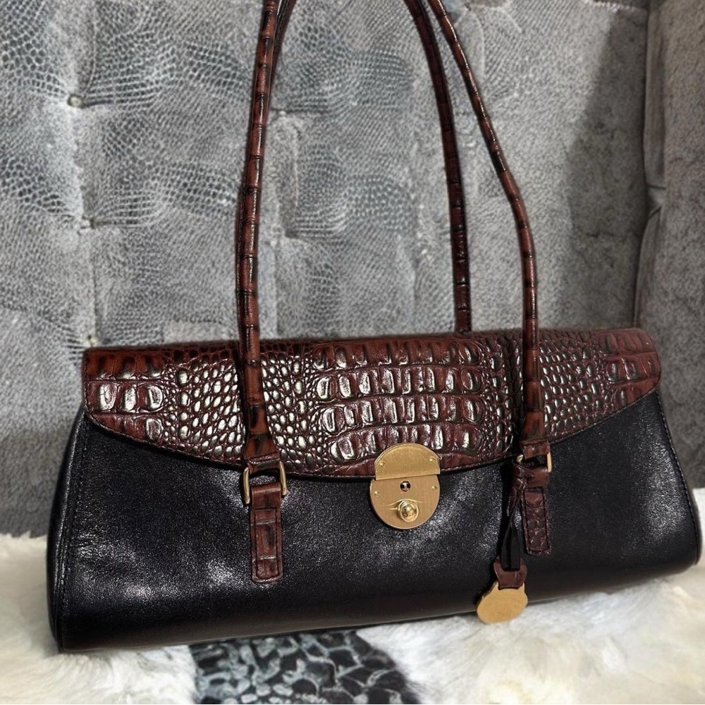 Vintage Brahmin Tuscany Collection Croc Embossed Leather Satchel Black Brown GUC